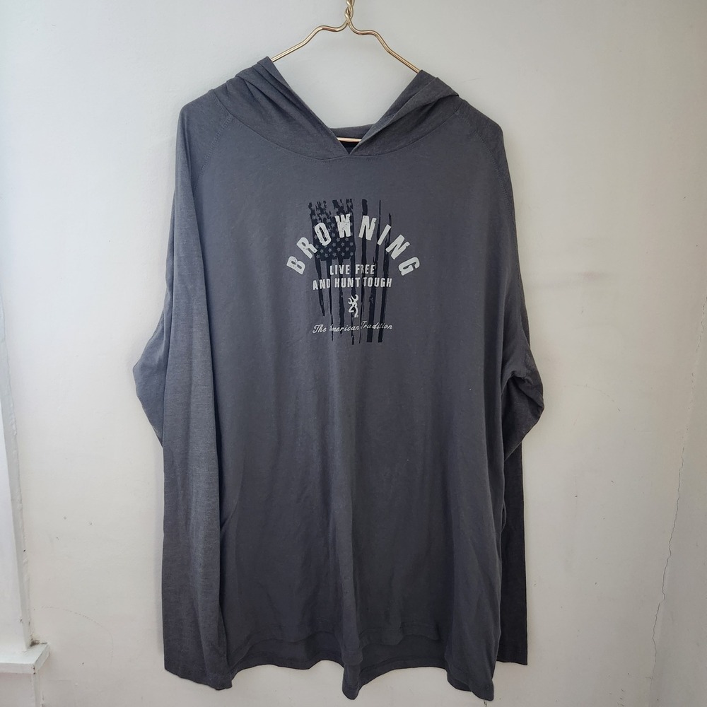 Browning Mens 3XL Gray Long Sleeve Hooded‎ T-Shirt Flag Graphic